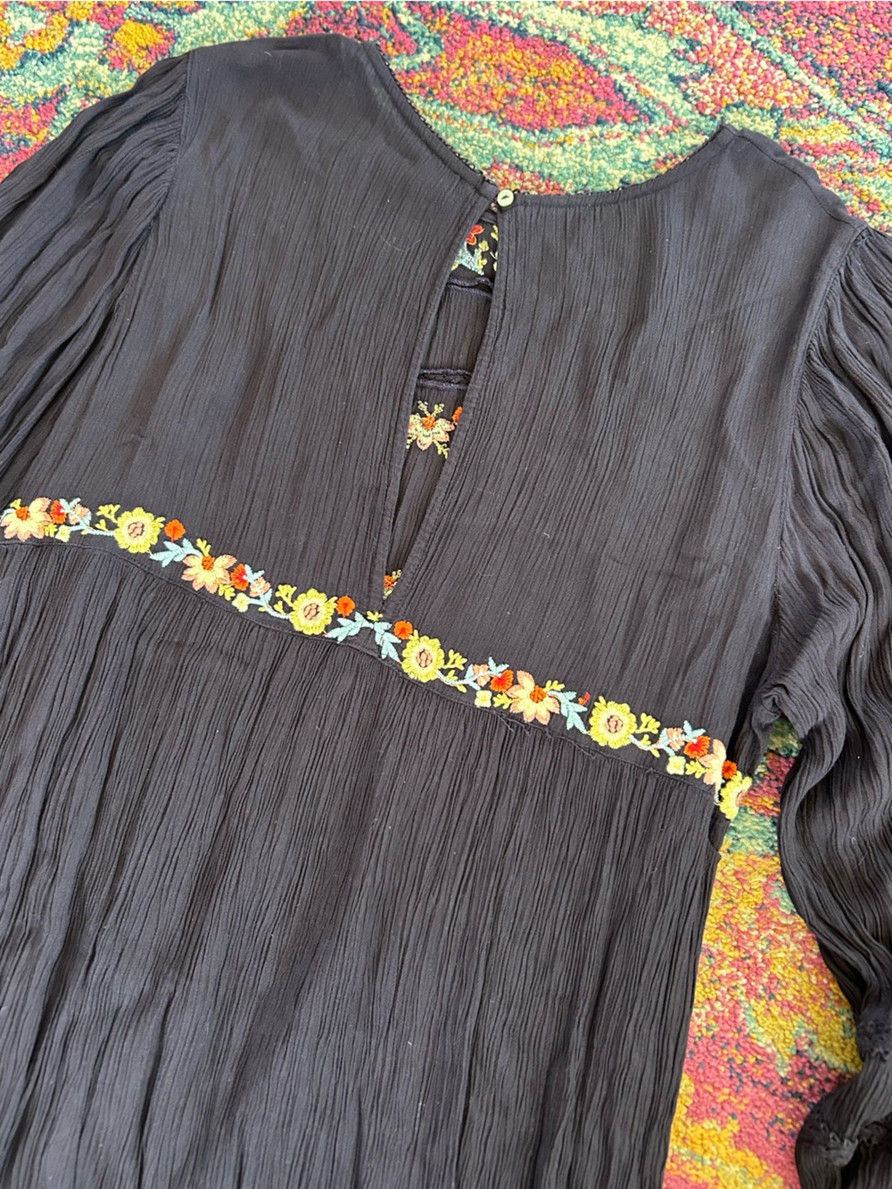 Free People | Women’s Black Floral Embroidered Long Sleeve Boho Pasadena Dress M - Picture 14 of 16